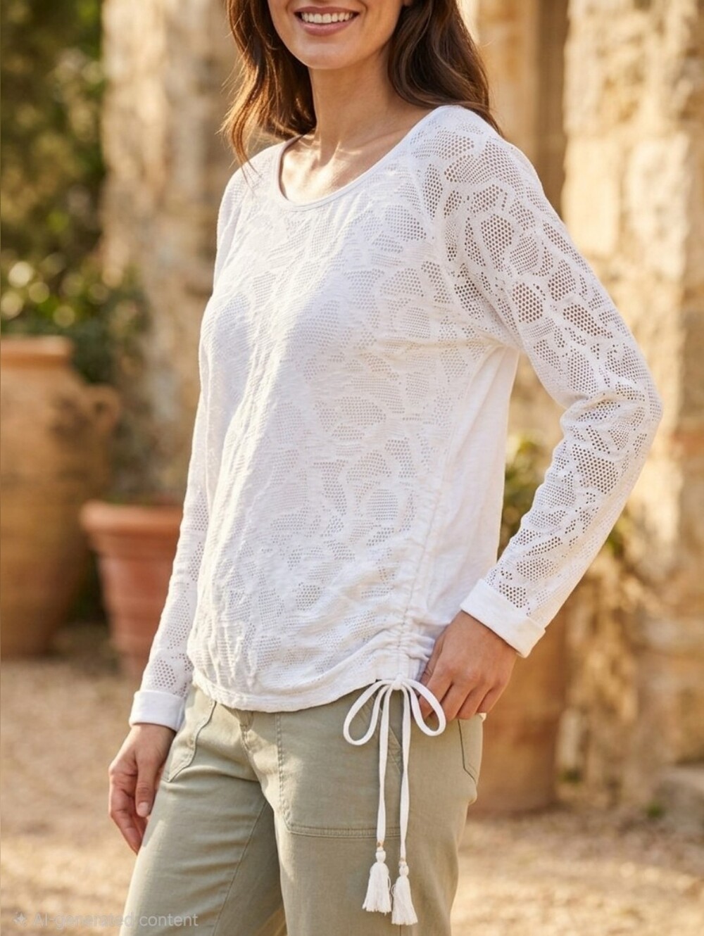 Soft Surroundings White Mixed Lace Crochet Knit Long Sleeve Top L NWT
